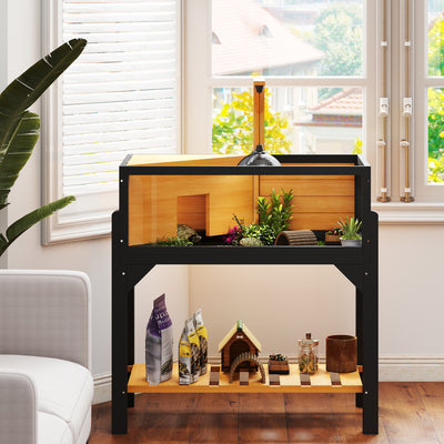 PawHut Wooden Tortoise House with Storage Shelf, Clear Observation Windows, Lamp Holder, Openable Top, Built-in Tray, Yellow 