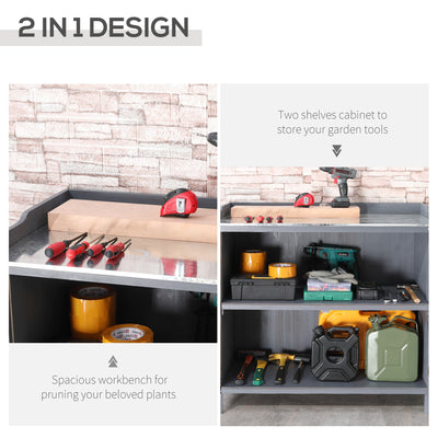 Outsunny Garden Storage Cabinet, Outdoor Tool Shed, Potting Bench Table with Galvanized Top and Two Shelves for Yard Tools or Pool Accessories, Grey 