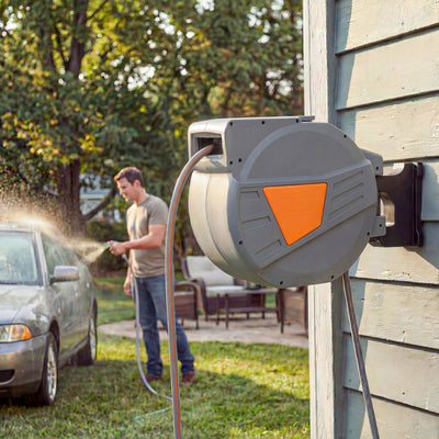 Outsunny Retractable Hose Reel Wall Mounted, 40+2m Garden Hose Pipe Reel with Auto Retraction, Self-Locking, Orange 