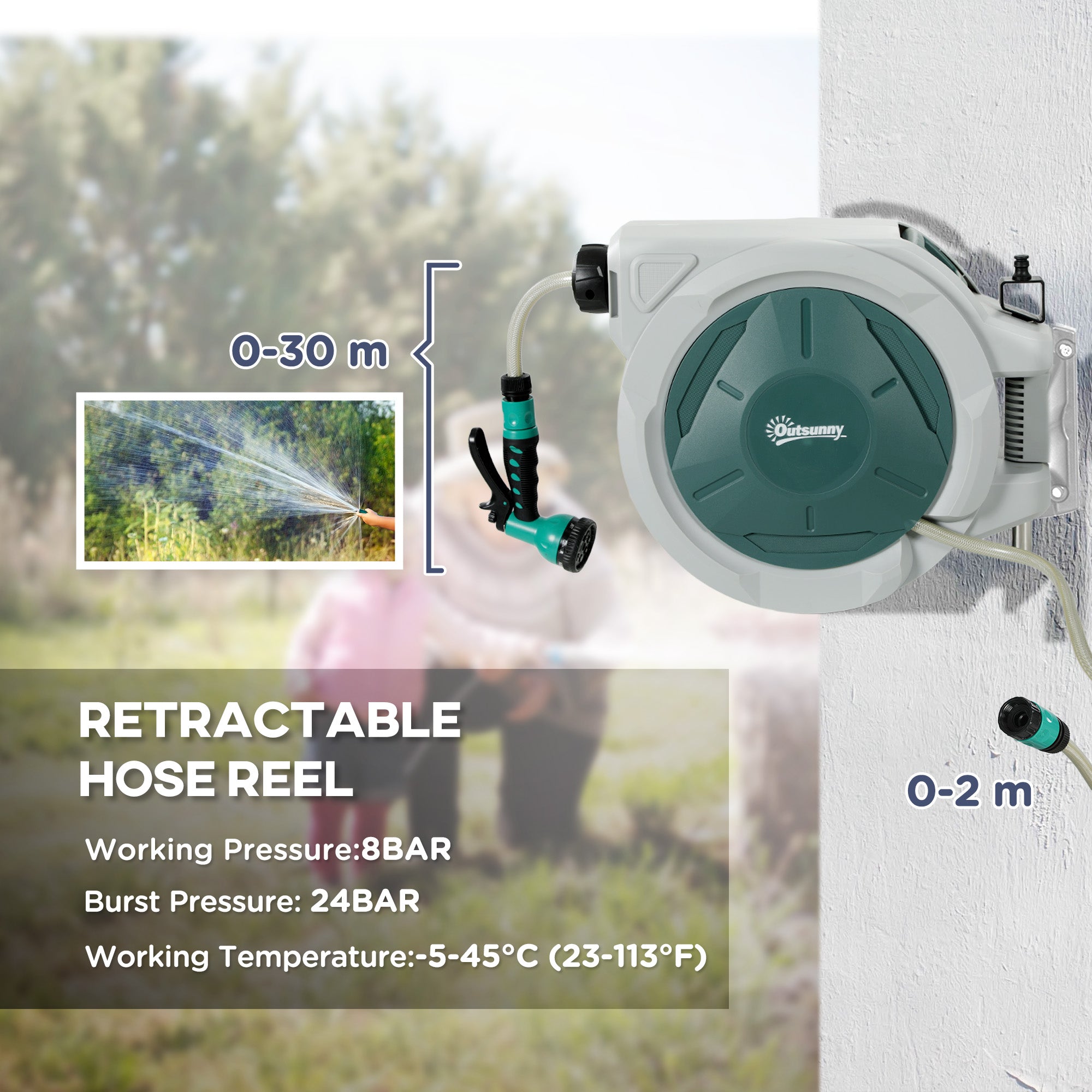 Outsunny Retractable Hose Reel Wall Mounted, 30+2m Garden Hose Pipe Reel with Lock, Auto Rewind, 7 in 1 Spray Nozzle, Includes Wall Fixings, 180\'c2\'b0 Swivel, Outdoor Watering, Grey 