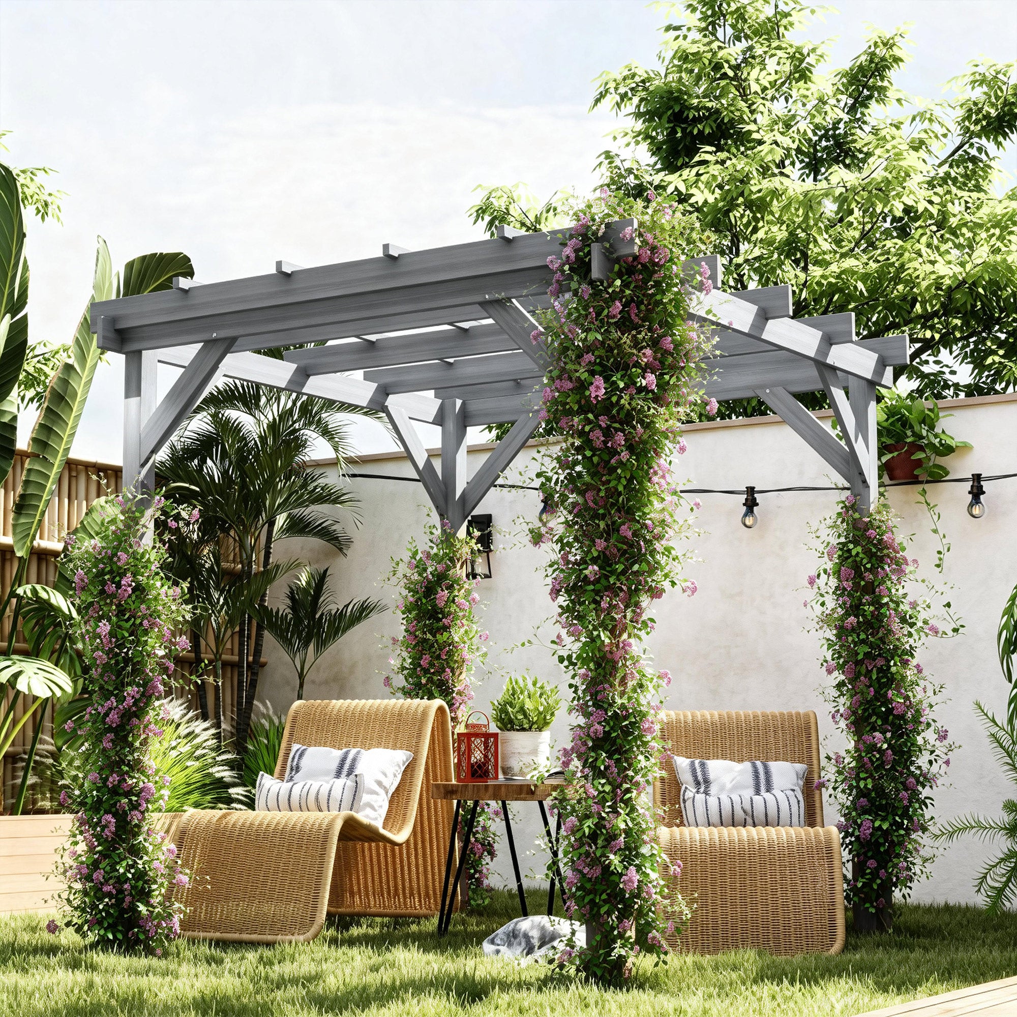 Outsunny 2 x 2m Wooden Pergola Kit, Decorative Garden Gazebo Shelter with Stable Structure for Climbing Vines, Flowers, Grey 