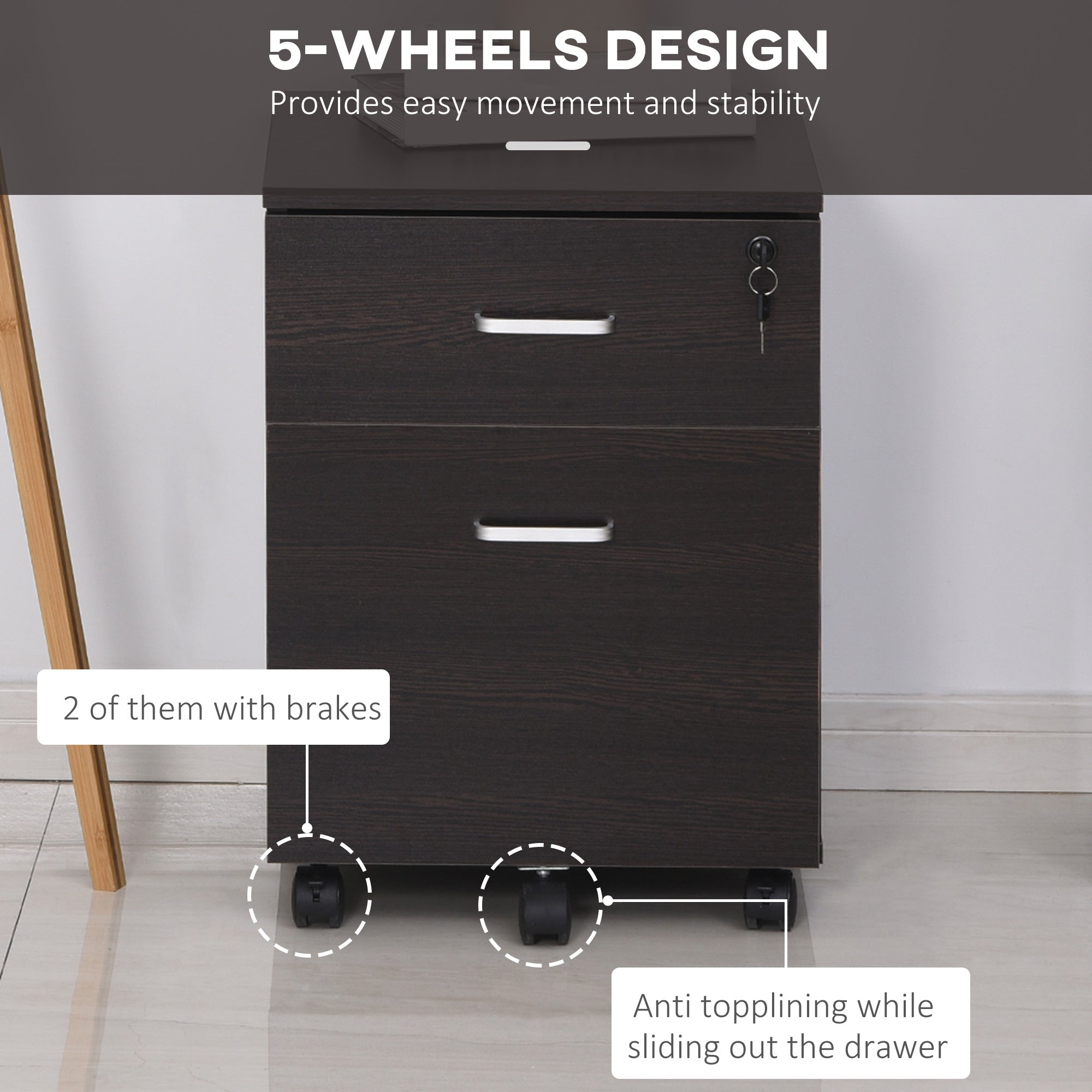 Vinsetto 2-Drawer Locking Office Filing Cabinet w/ 5 Wheels Rolling Storage Hanging Legal Letter Files Cupboard Home Organisation Black Wood Grain 