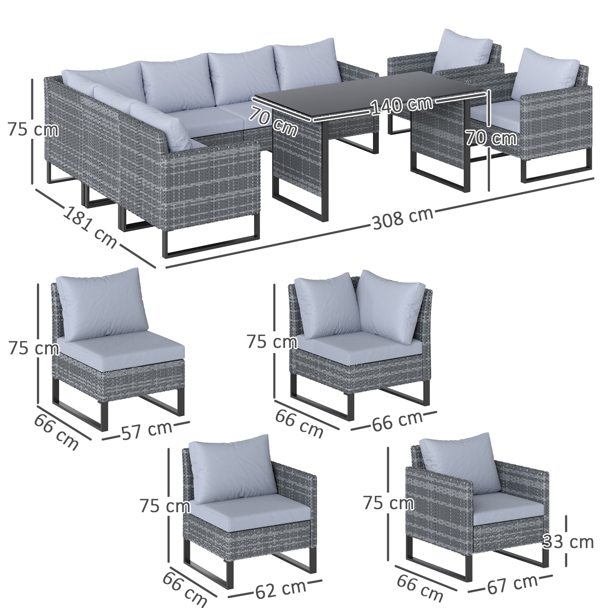 Outsunny 9 Piece Rattan Garden Furniture Set, 8 Seater Garden Corner Sofa with Cushions and Glass Top Table, Sectional Outdoor Furniture Conservatory Set for Patio, Light Grey 