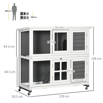 PawHut Wooden Rabbit Hutch, Two-Tier Guinea Pig Cage, with Removable Tray, Wheels 