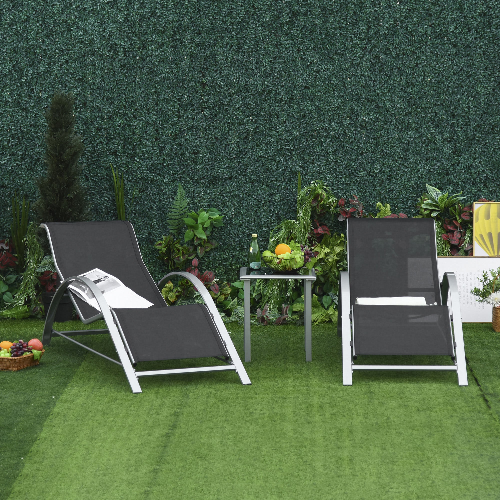 Outsunny 3 Pieces Sun Lounger Chair Set, Metal Frame Garden Outdoor Sunbathing Chair with Side Table and Armrest, Black 