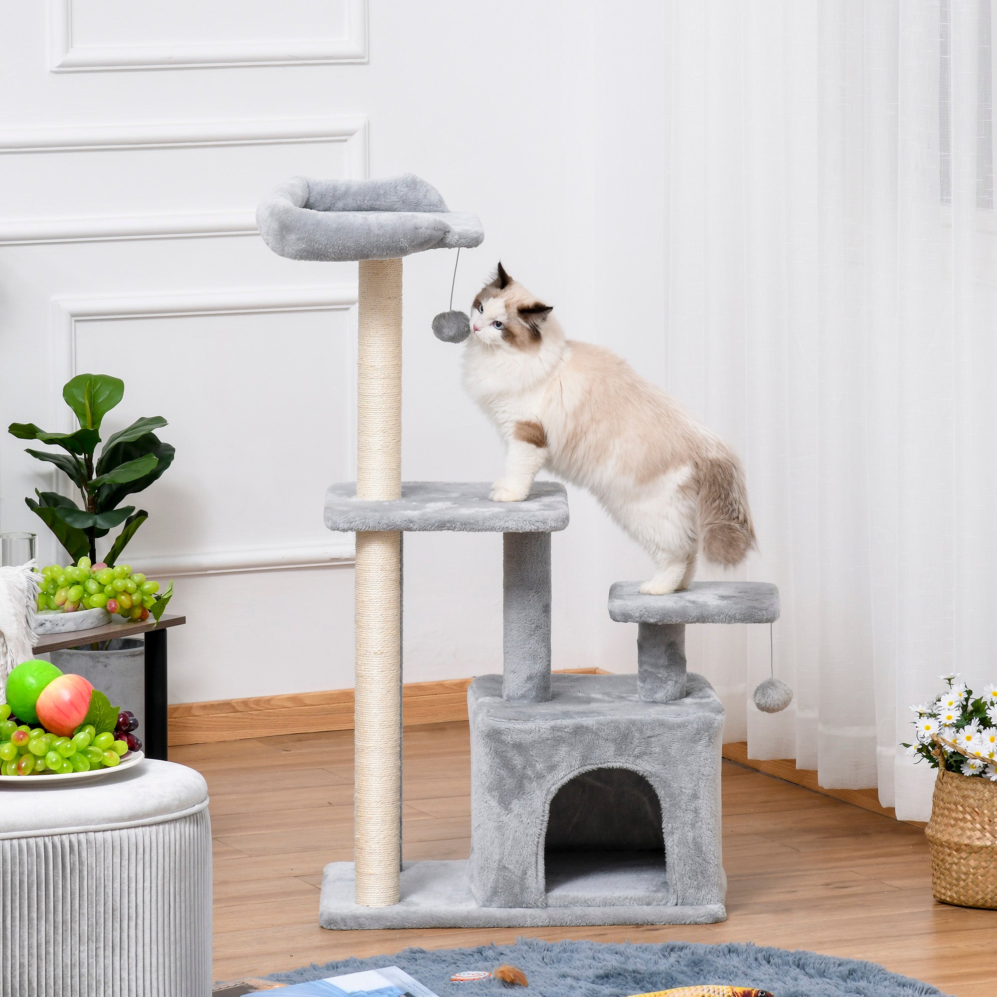 PawHut Cat Tree Tower for Indoor Cats 114cm Climbing Activity Centre Kitten with Sisal Scratching Post Perch Hanging Ball Condo Toy Light Grey 