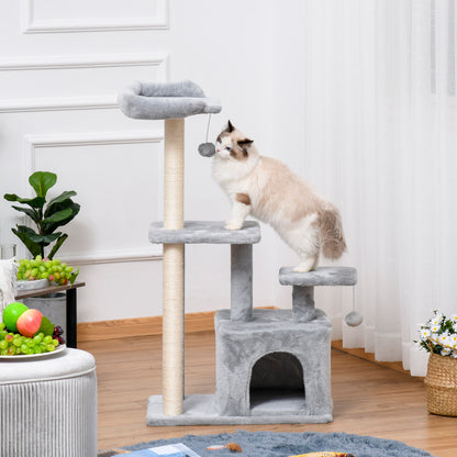 PawHut Cat Tree Tower for Indoor Cats 114cm Climbing Activity Centre Kitten with Sisal Scratching Post Perch Hanging Ball Condo Toy Light Grey 
