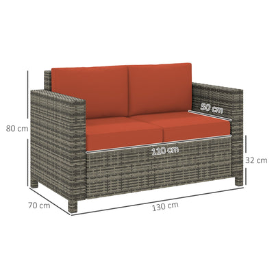 Outsunny Rattan Sofa, 2 Seater Garden Furniture with Soft Padded Cushion and Armrests, Wicker Garden Loveseat for Patio, Grey 