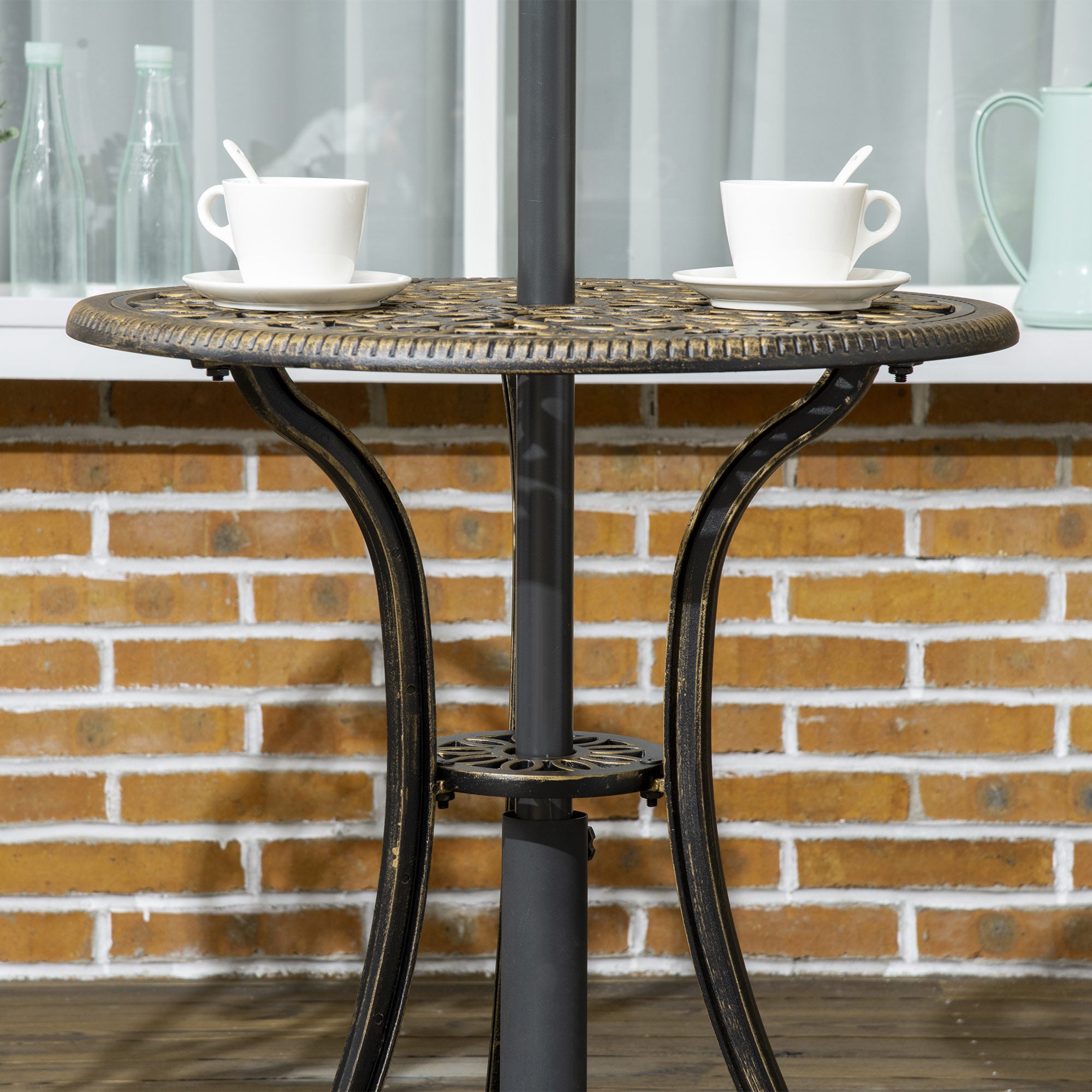 Outsunny 3 Piece Cast Aluminium Garden Bistro Set for 2 with Parasol Hole, Outdoor Coffee Table Set, Two Armless Chairs and Round Coffee Table for Balcony, Patio, Bronze 