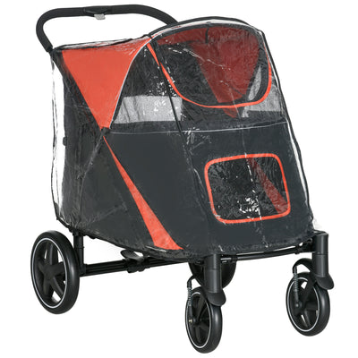 PawHut One-Click Foldable Pet Travel Stroller with Rain Cover, Cat Dog Pushchair with Universal Front Wheels, Shock Absorber, Storage Bags, Mesh Window, Safety Leash for Large and Medium Dogs (Red) 