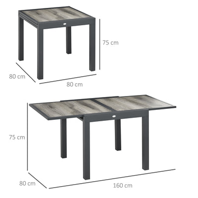 Outsunny Extending Garden Table, Outdoor Dining Table for 6, Aluminium Frame Rectangular Patio Table with Plastic Board Tabletop,80/160L x 80W x 75H cm, Grey 