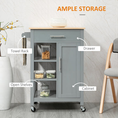 HOMCOM Compact Kitchen Trolley Utility Cart on Wheels with Open Shelf & Storage Drawer for Dining Room, Kitchen, Grey 