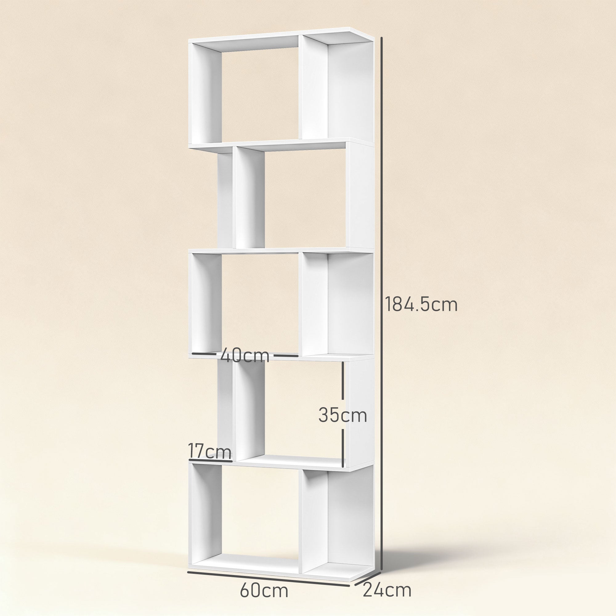 HOMCOM Bookcase, S-Shaped Wooden Bookshelf, 5 Tiers Freestanding Storage Shelf, Home Office Display Stand Rack, White 
