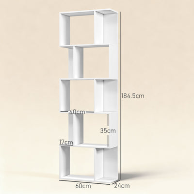 HOMCOM Bookcase, S-Shaped Wooden Bookshelf, 5 Tiers Freestanding Storage Shelf, Home Office Display Stand Rack, White 