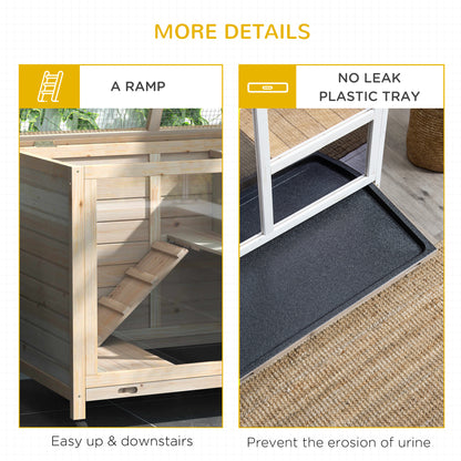 PawHut Rabbit Hutch Indoor Wooden Guinea Pig House Hamster Cage with Wheels, 2 Layers Bunny Cage with Openable Roof, 91.5 x 53.3 x 73 cm, Natural 