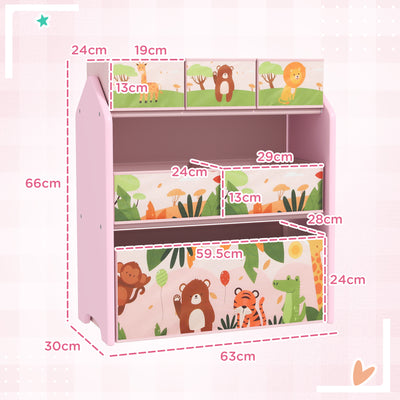 AIYAPLAY 3-Tier Kids Toy Storage Unit with 6 Removable Storage Boxes, for Playroom, Bedroom, Children's Room, Nursery, Pink 