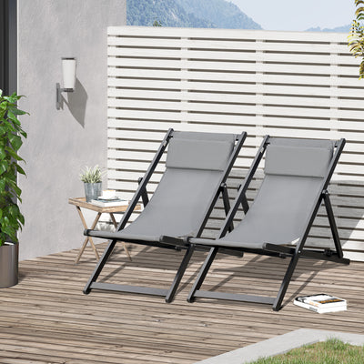 Outsunny Set of 2 Folding Garden Beach Aluminium Frame Deck Chairs Deckchairs Seaside Folding Garden Patio Lounger, Grey 