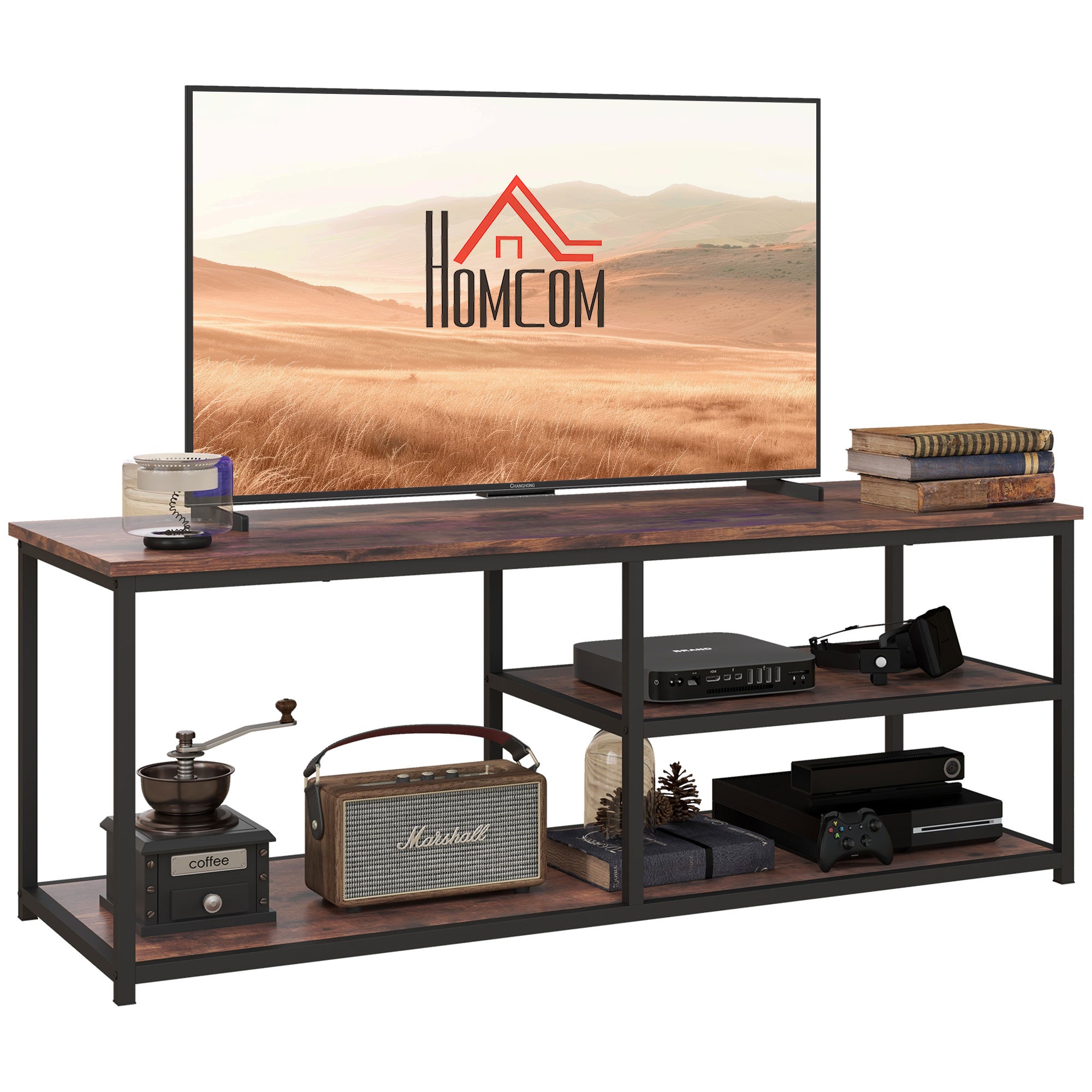HOMCOM TV Unit for 55 inch TVs, Industrial TV Table with 2 Storage Shelves and Metal Frame, Entertainment Unit For living Room, Rustic Brown 
