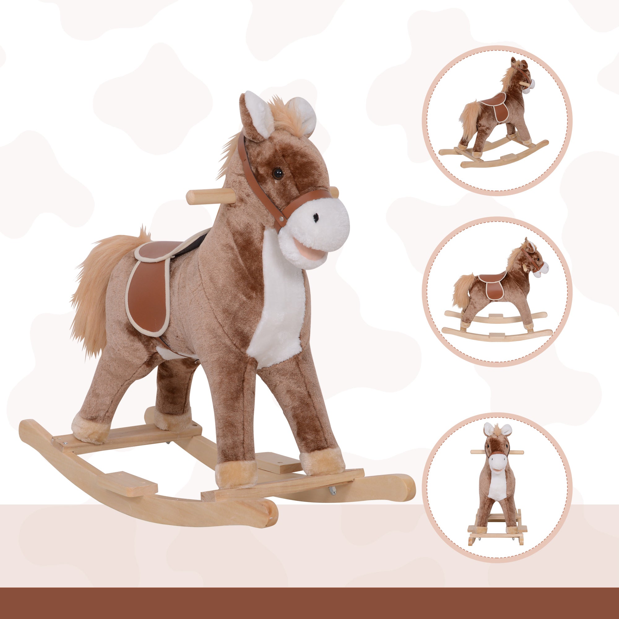 HOMCOM Kids Children Plush Rocking Horse Wooden Base Ride On Toy Rocker with Handle Grip Traditional Toy Fun Gift for Age 3+ (Brown & White) 