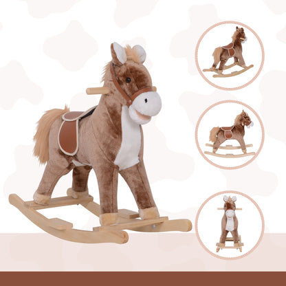 HOMCOM Kids Children Plush Rocking Horse Wooden Base Ride On Toy Rocker with Handle Grip Traditional Toy Fun Gift for Age 3+ (Brown & White) 