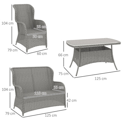 Outsunny Garden PE Rattan Dining Sofa Set, Outdoor 4 Seater Wicker Furniture, High Back Chairs with Cushions, Tempered Glass Coffee Table for Patio, Light Grey 