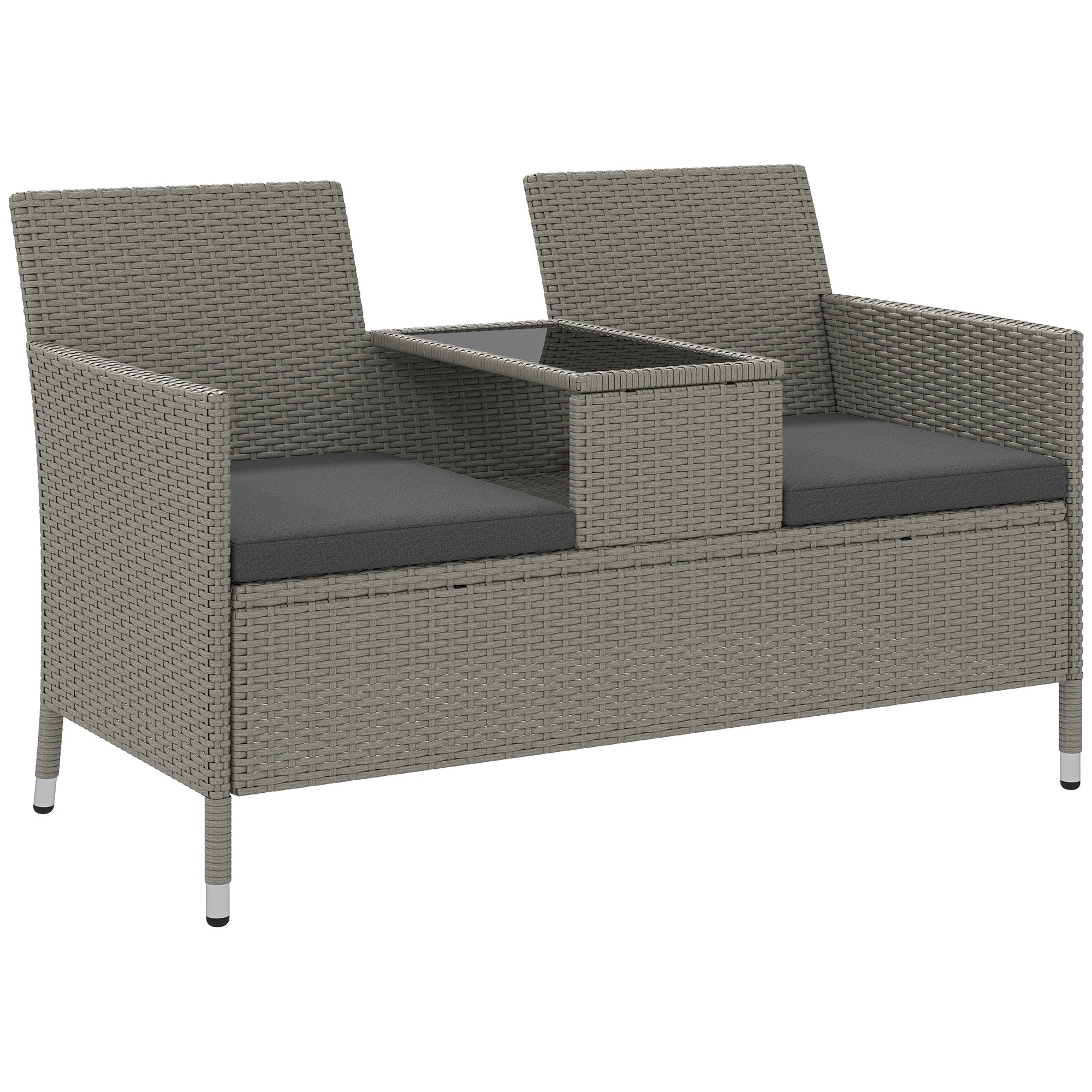 Outsunny 2-Seater PE Rattan Outdoor Garden Bench w/ Centre Table Grey 