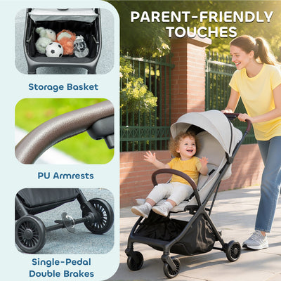 AIYAPLAY Foldable Baby Stroller with Adjustable Seat, 5-Point Harness, Canopy, Basket, 6.3kg Lightweight & Compact, Light Grey 