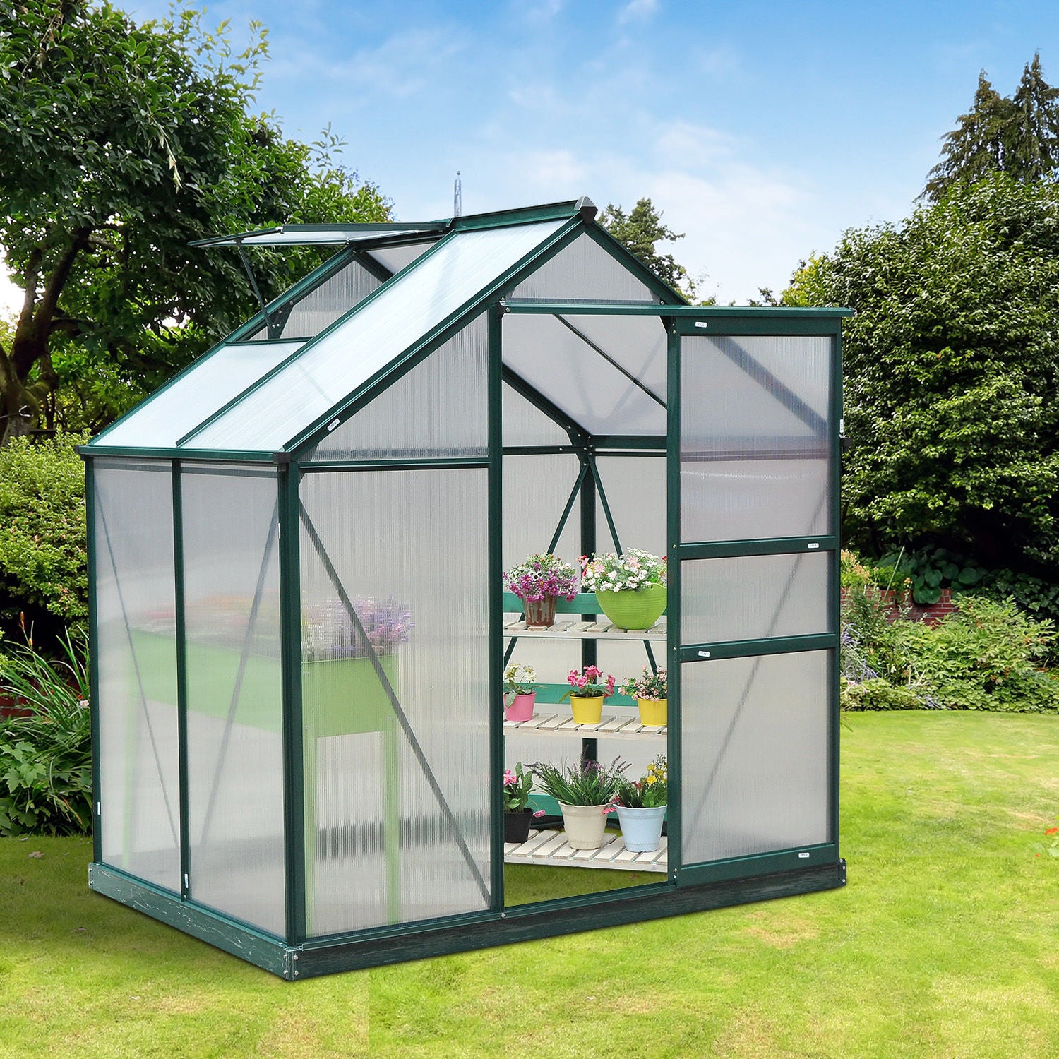 Outsunny 6 x 4ft Polycarbonate Greenhouse, Large Walk-In Green House with Slide Door and Window, Garden Plants Grow House with Aluminium Frame and Foundation, Dark Green 
