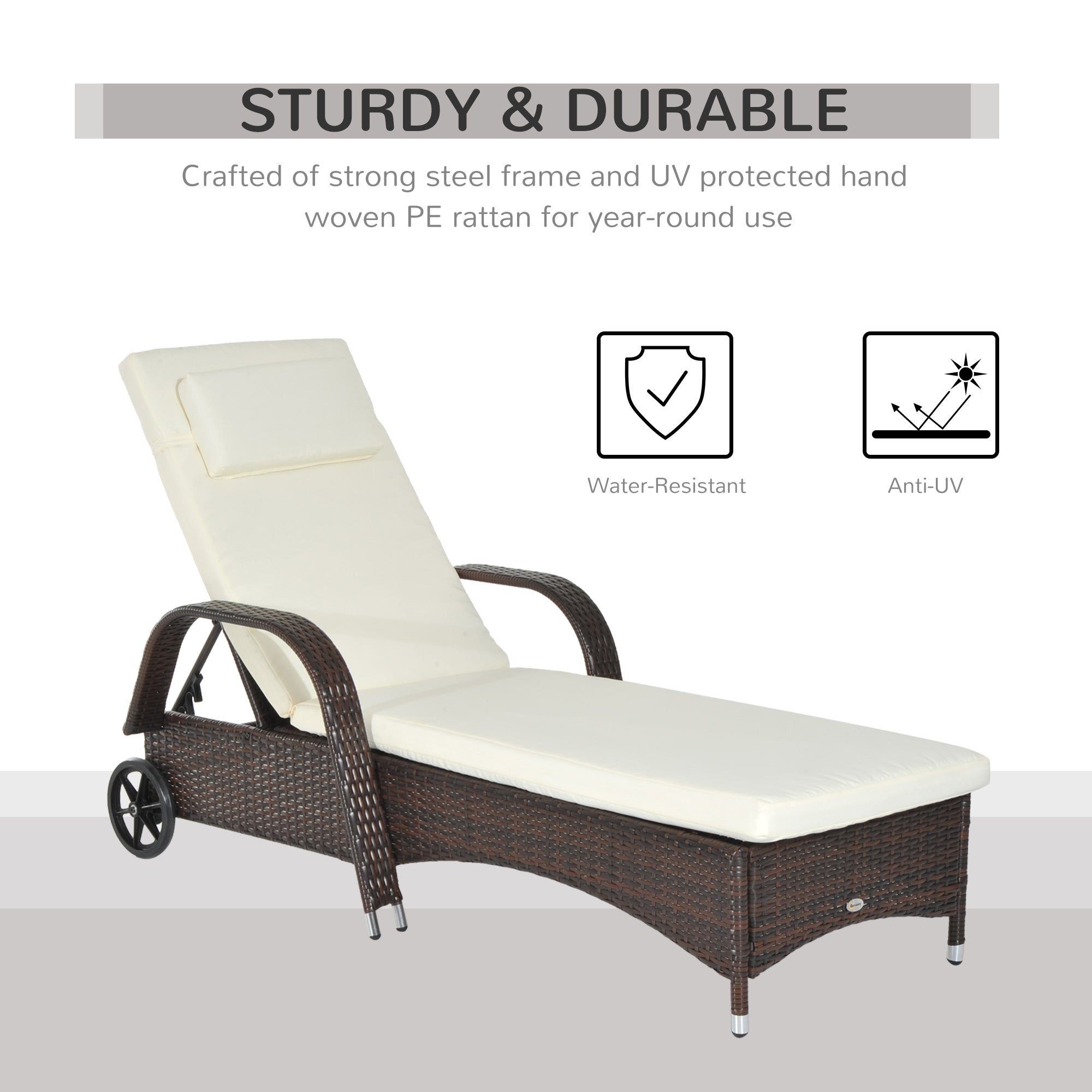 Outsunny Brown Rattan Sun Lounger w/ Adjustable Steel Frame,200Lx73Wx56-103H cm 
