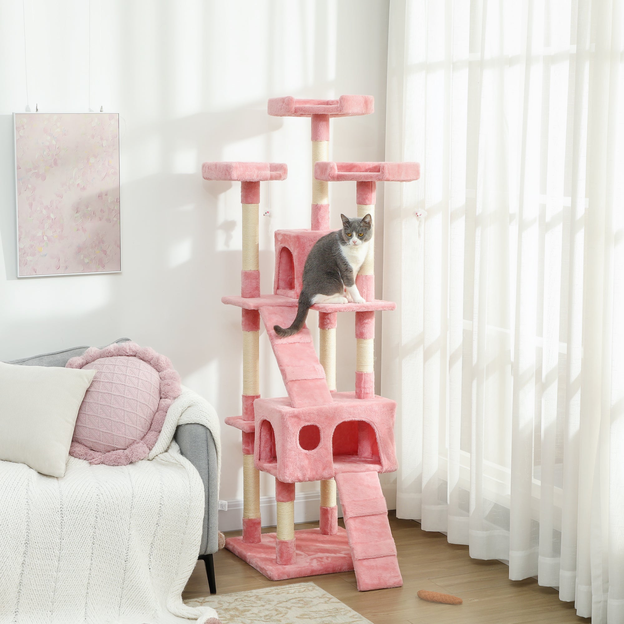 PawHut 173cm Cat Tree Scratching House, Activity Play Centre, Pink 