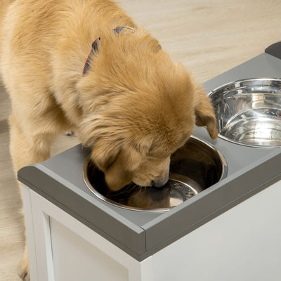 PawHut Stainless Steel Raised Dog Bowls, with 21L Storage Drawer for Large Dogs and Cats - White 