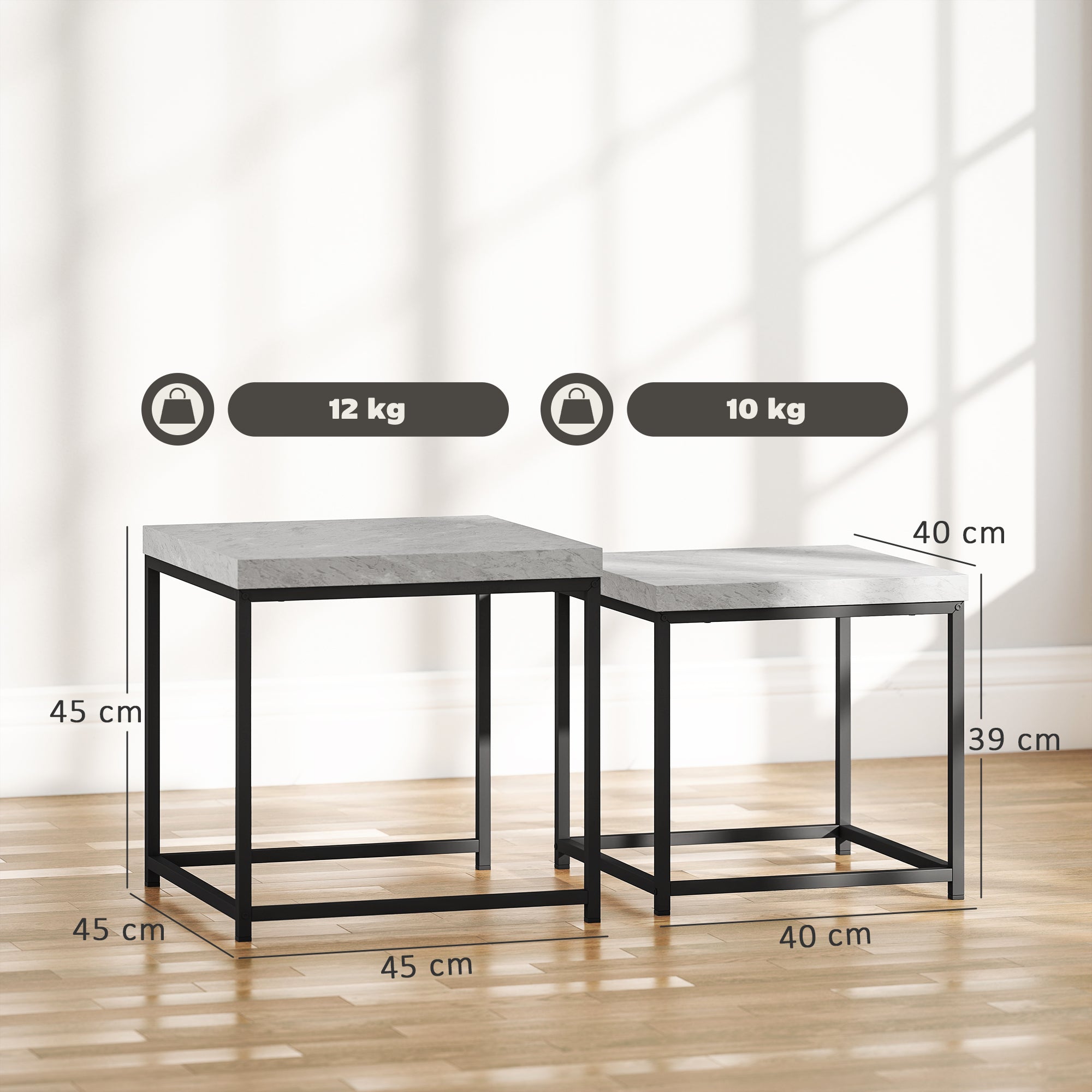 HOMCOM Coffee Table Set of 2, Nest of Tables with 3.5cm Thick Tabletop, Grey 