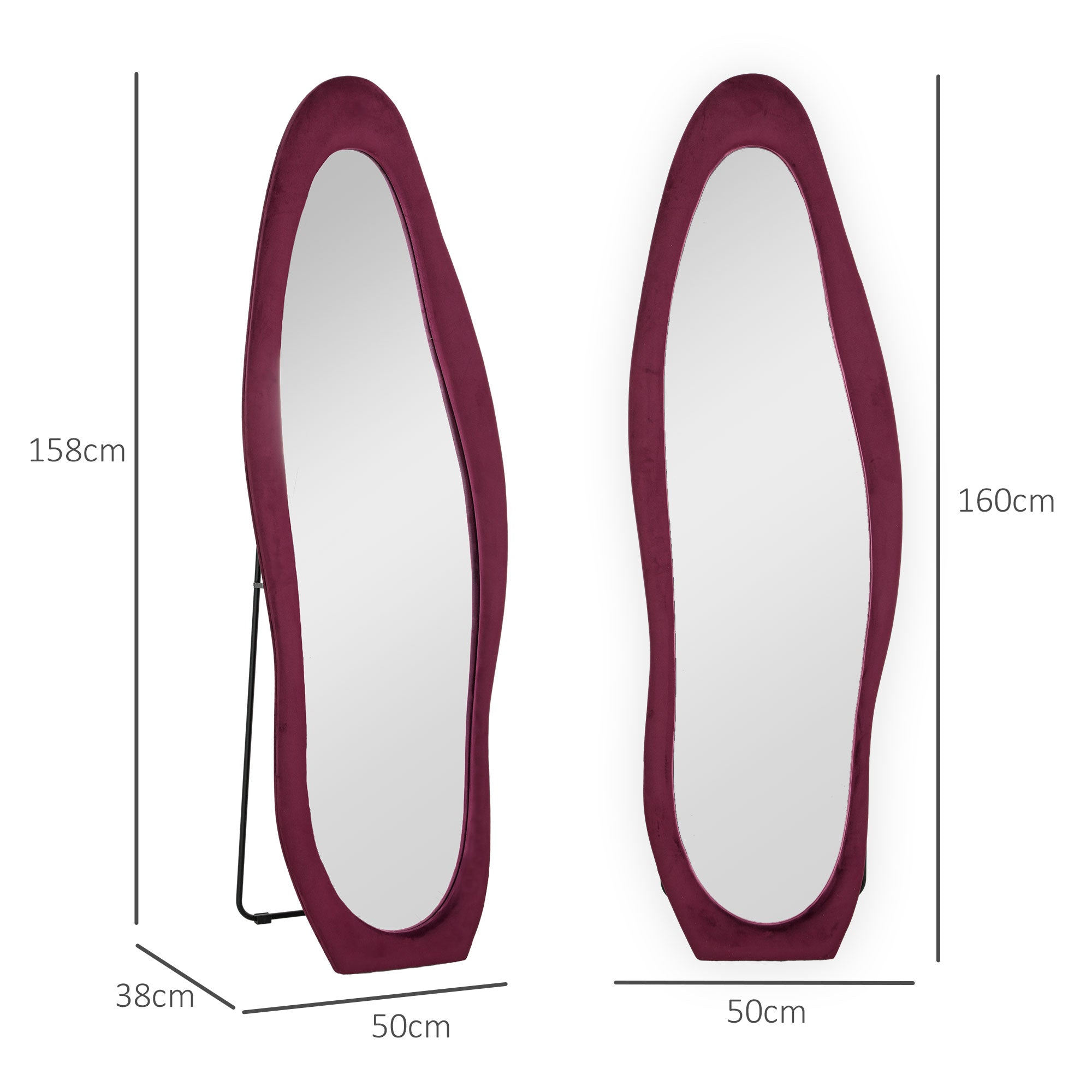 HOMCOM Wavy Velvet-Feel Full Length Mirror - Wine Red 