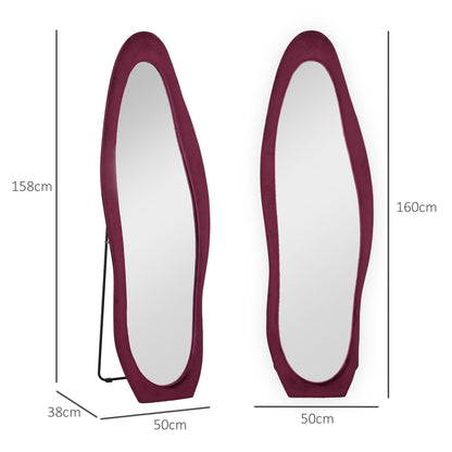 HOMCOM Wavy Velvet-Feel Full Length Mirror - Wine Red 