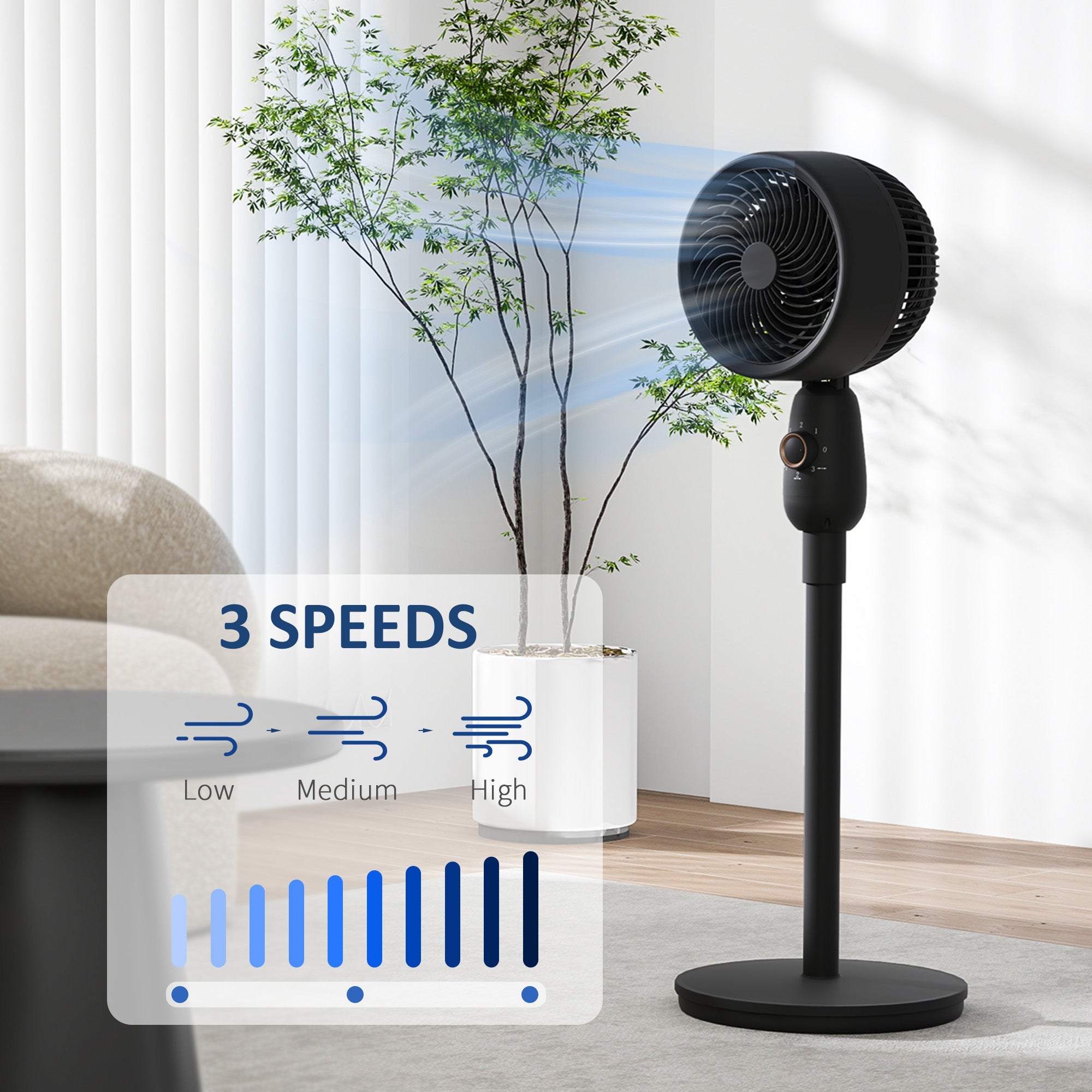 HOMCOM Pedestal Fan, Powerful Air Circulator, 12 Inch Floor Standing Fan with 3 Speed Settings, Oscillating Function for Bedroom, Home and Office, Black 