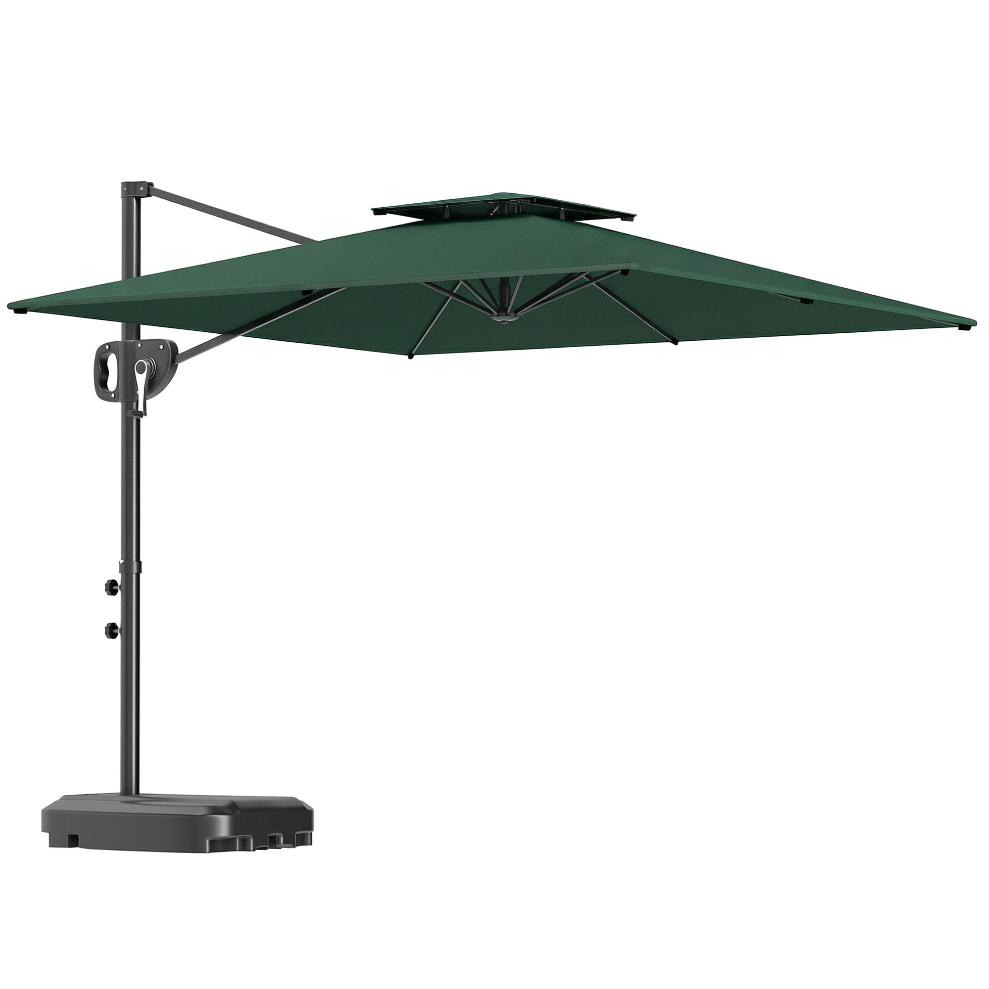 Outsunny Cantilever Parasol with Weighted Base Double Top Garden Parasol Square Hanging Patio Umbrella with Crank Tilt Dark Green 