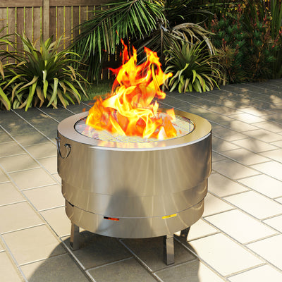 Outsunny Stainless Steel Wood-burning Fire Pit with Fire Poker - Silver 