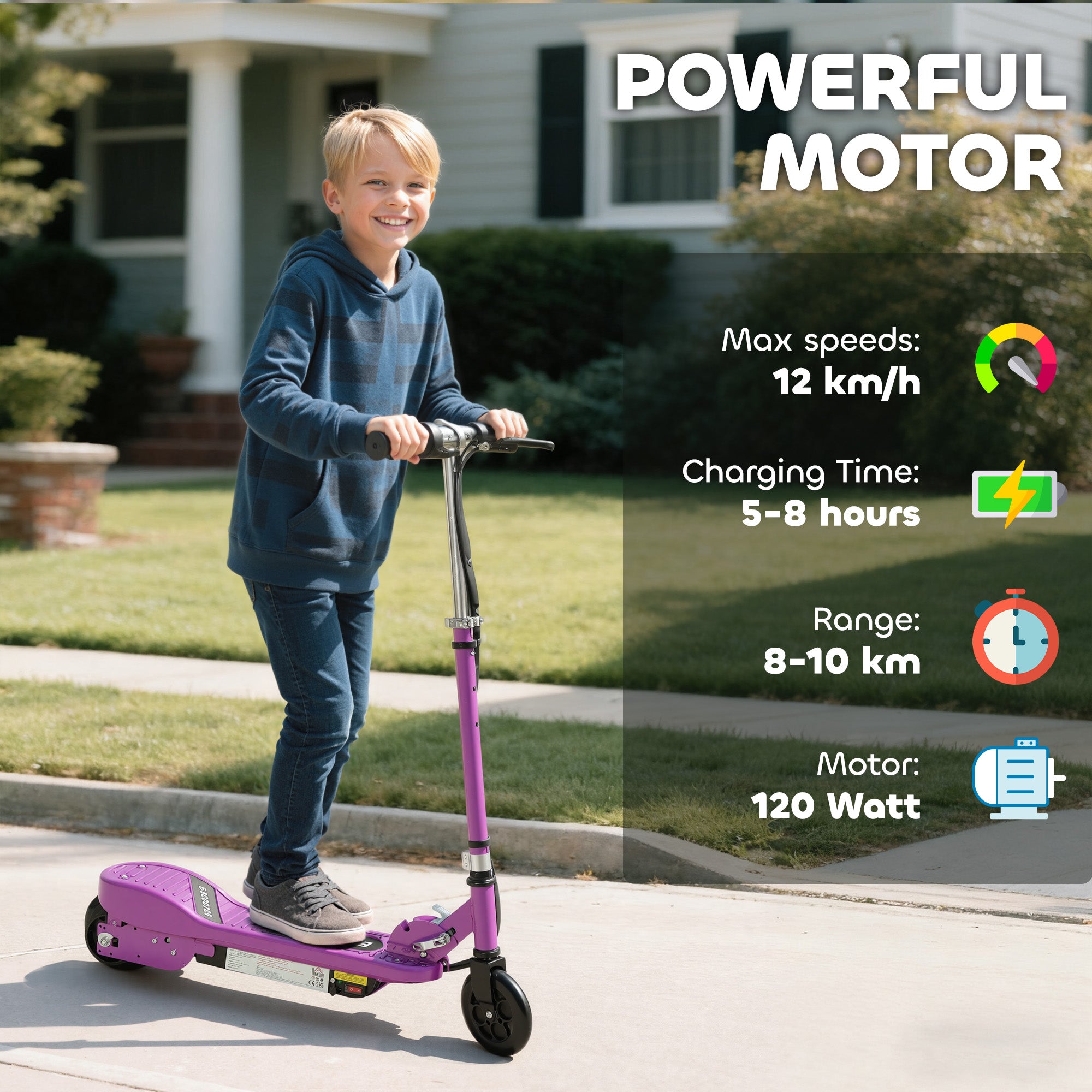 HOMCOM Foldable Electric Kids Scooter, Ride-on for Ages 7-14 Years, Purple 