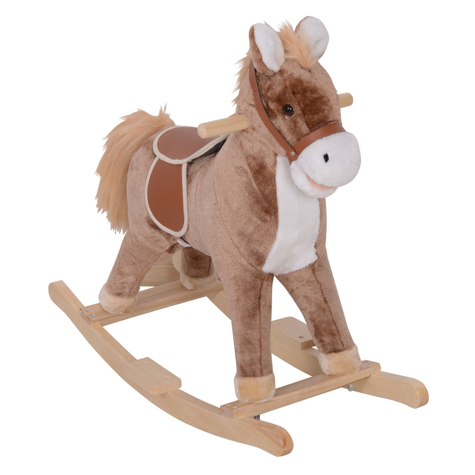 HOMCOM Kids Children Plush Rocking Horse Wooden Base Ride On Toy Rocker with Handle Grip Traditional Toy Fun Gift for Age 3+ (Brown & White) 