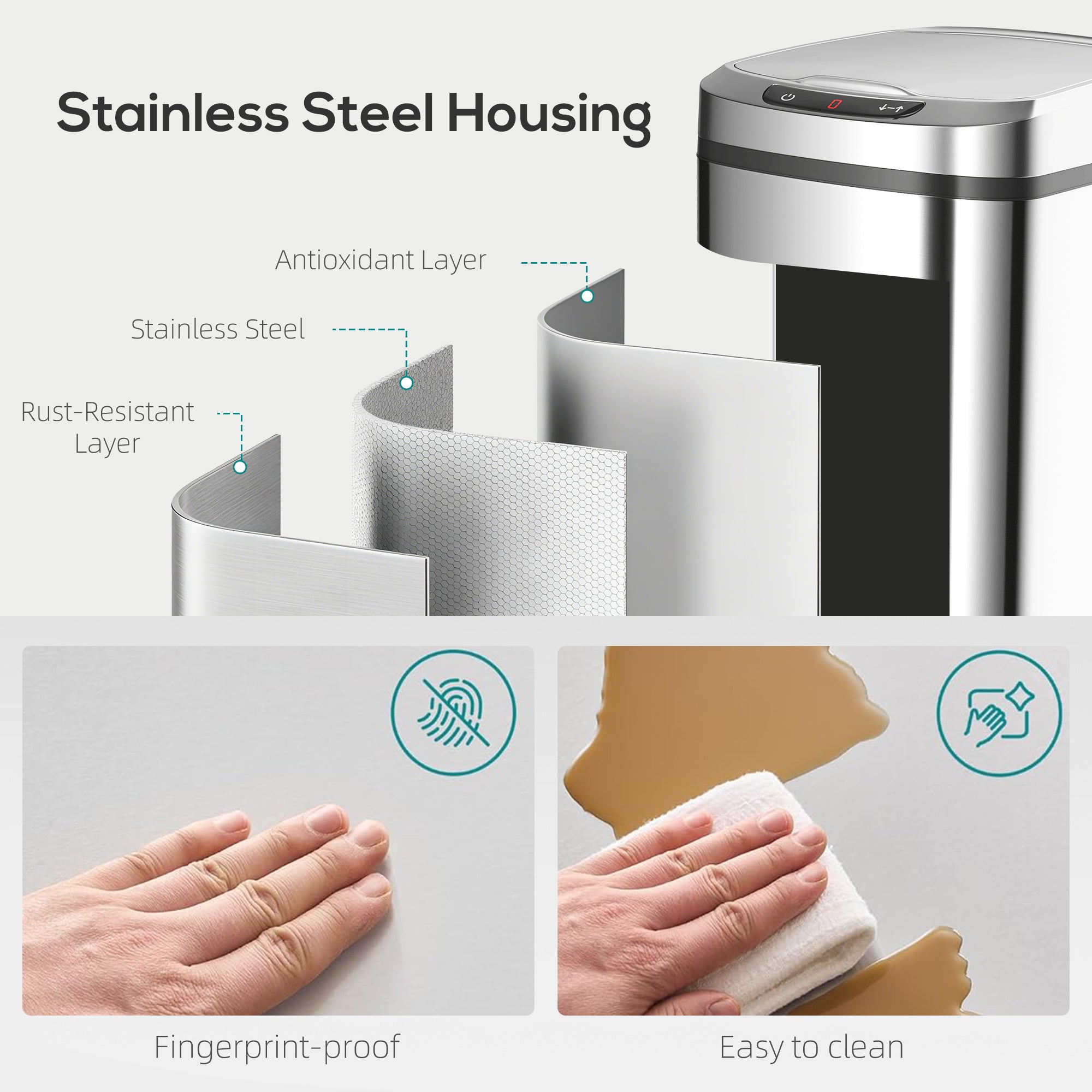 HOMCOM 12L Sensor Bin, Automatic Touchless Motion Sensor Kitchen Bin with Fingerprint Resistant Stainless Steel, Silver 
