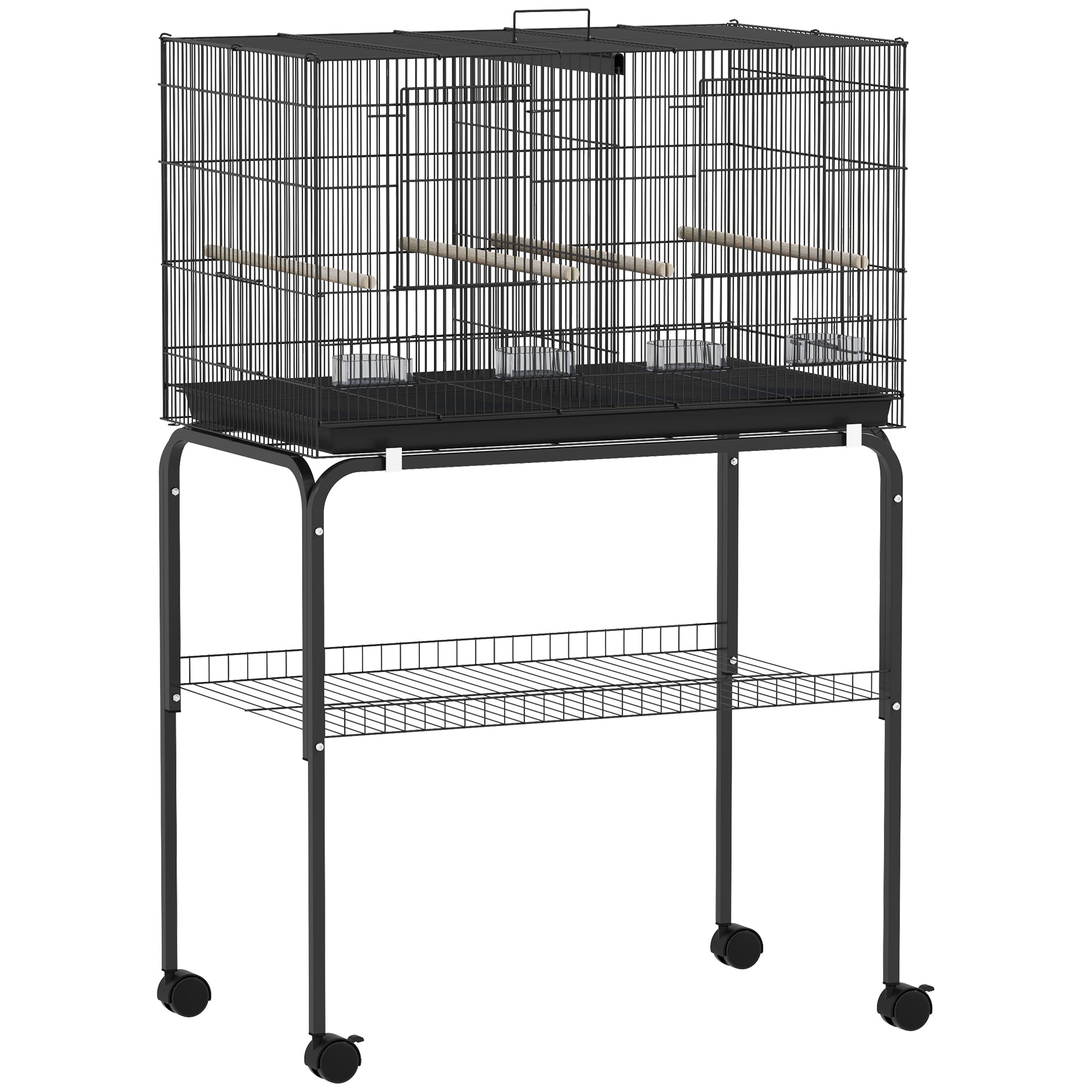 PawHut Bird Cage with Divider, 4 Wooden Perches, Slide Out Tray, 4 Feeders, for Budgie, Lovebird, Canary, 76 x 46 x 116cm Black