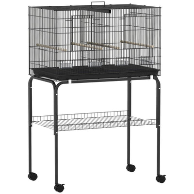 PawHut Bird Cage with Divider, 4 Wooden Perches, Slide Out Tray, 4 Feeders, for Budgie, Lovebird, Canary, 76 x 46 x 116cm Black 
