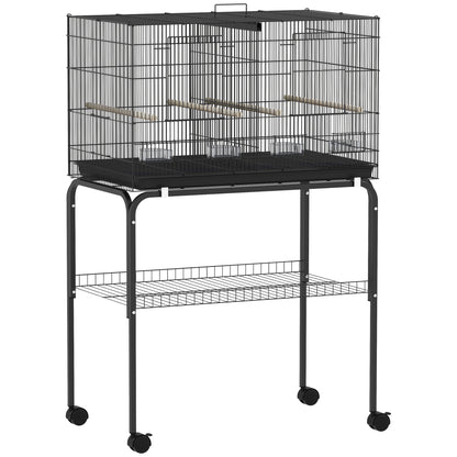 PawHut Bird Cage with Divider, 4 Wooden Perches, Slide Out Tray, 4 Feeders, for Budgie, Lovebird, Canary, 76 x 46 x 116cm Black