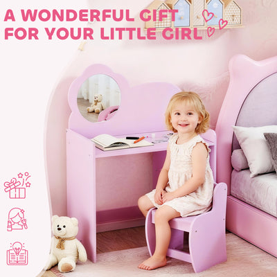 AIYAPLAY Kids Dressing Table with Mirror, Stool, Kids Vanity Table with Shelves, for Ages 3-8 Years, Purple 