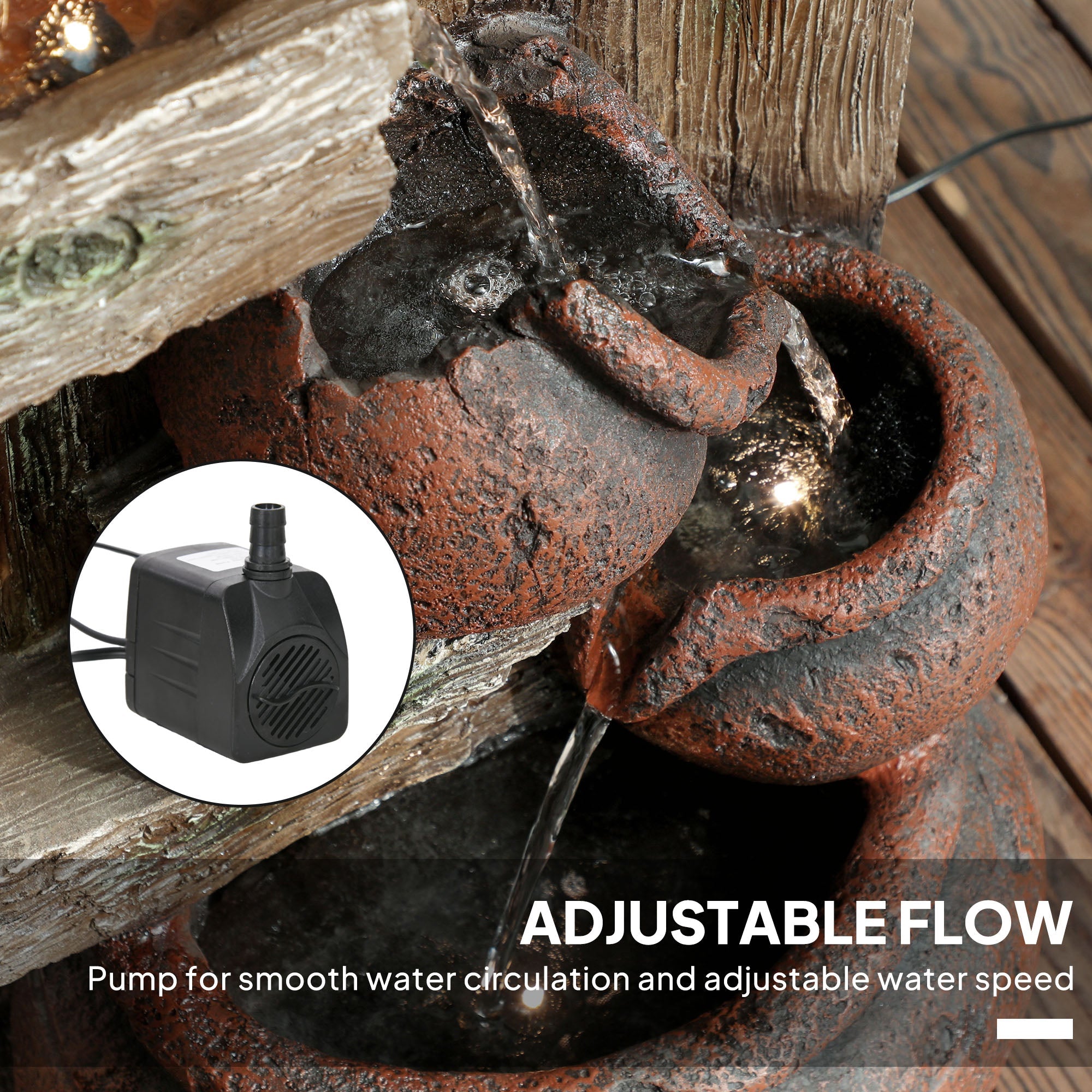 Outsunny 2-in-1 Waterfall Fountain with Birdhouse, Resin Garden Water Fountain with LED Lights Pump, Cascading Garden Water Feature with Tree Trunk Design, Multi-colour 