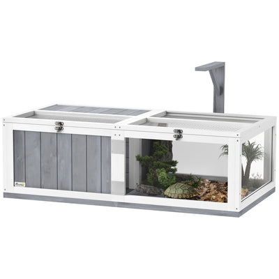 PawHut Wooden Tortoise House with Lamp Holder, Clear Observation Window, Openable Tops, Built-in Tray, Light Grey 