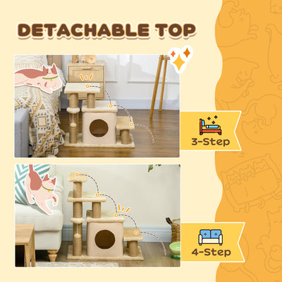 PawHut Adjustable Cat Steps, with House & Hanging Toy Ball - Beige 