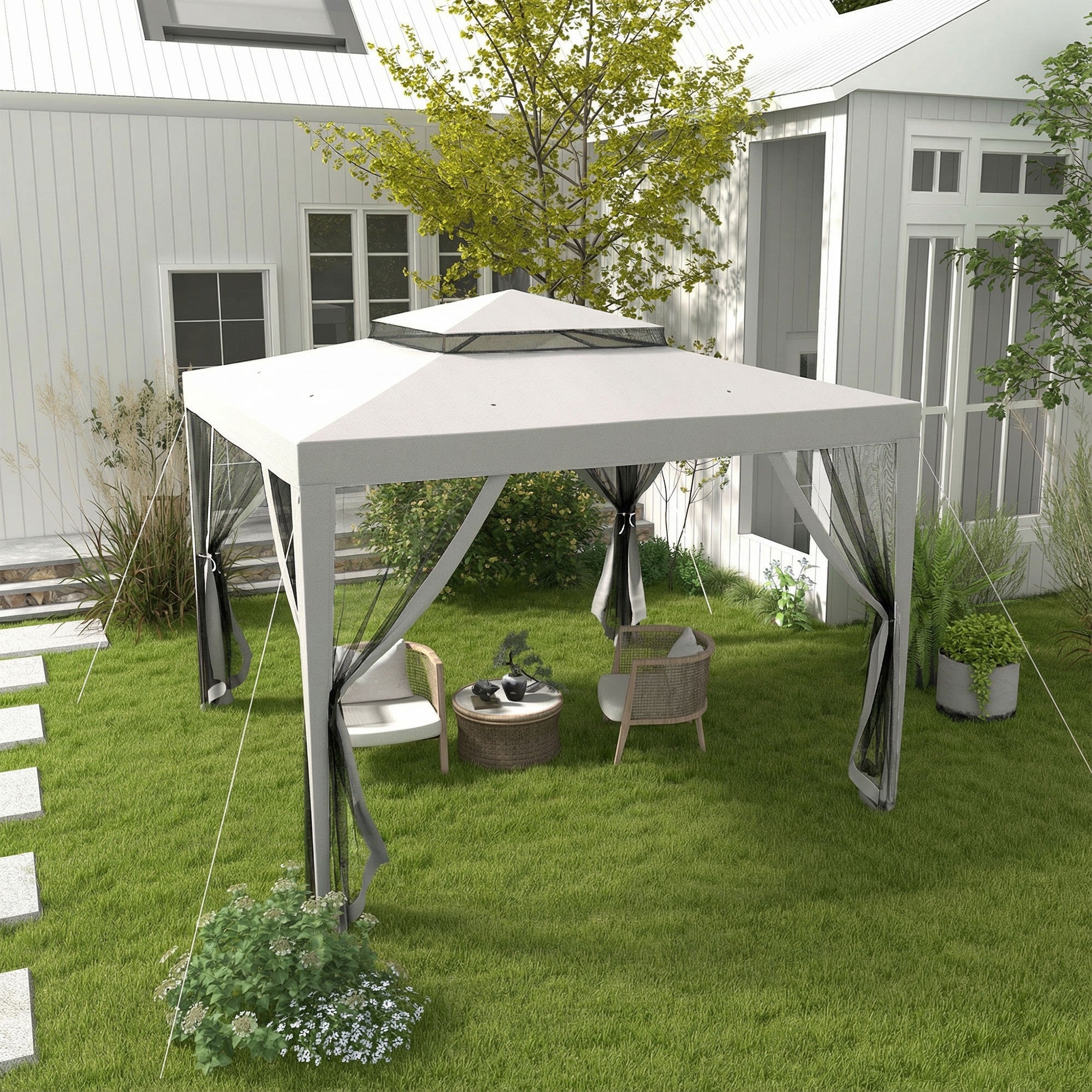 Outsunny 3 x 3 m Gazebo, Netting Party Tent, Patio Canopy Outdoor Event Shelter with Double Tier Roof, Light Grey 