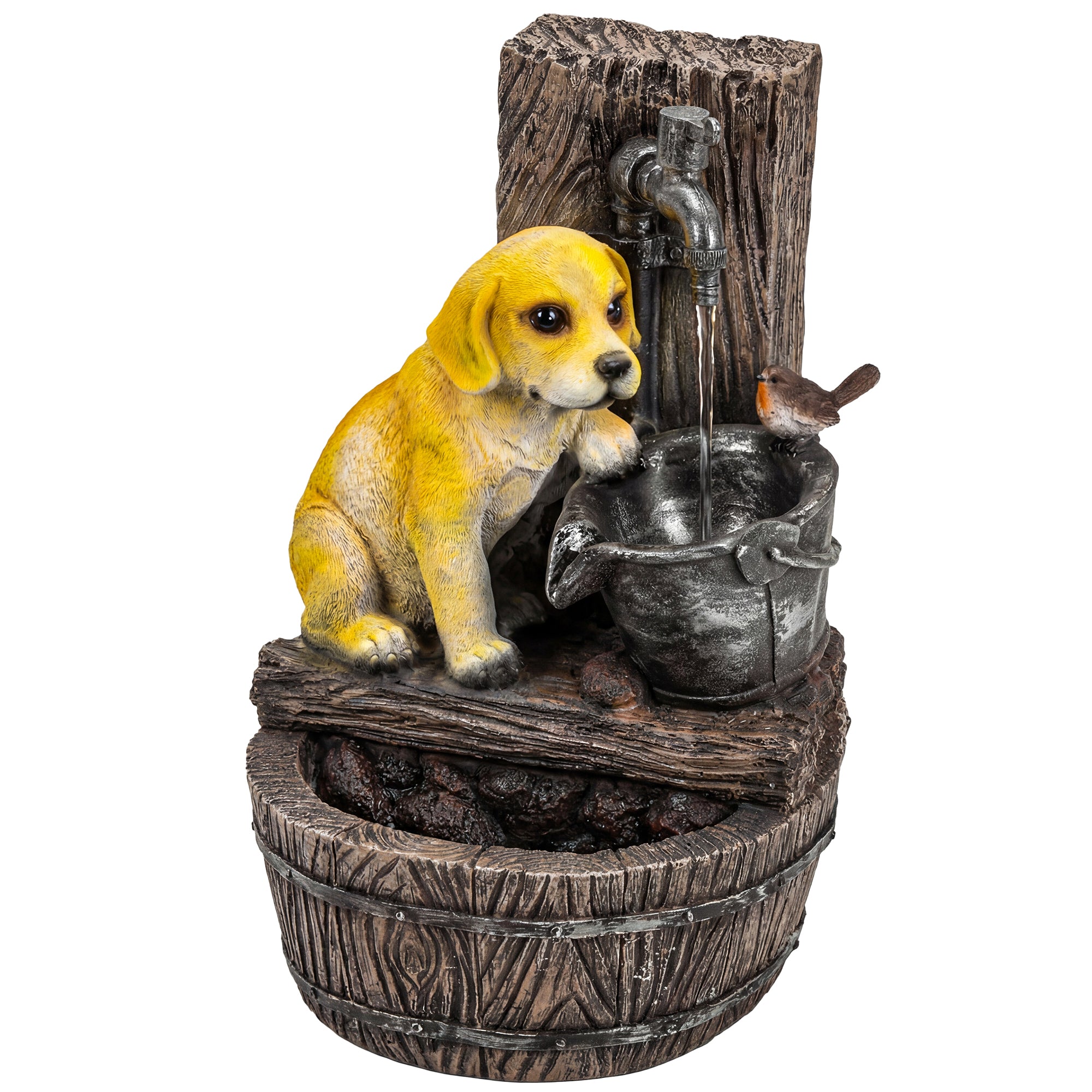 Outsunny Garden Water Feature with 3-Tier Rustic Puppy Design, Freestanding Resin with LED Lights, Adjustable Flow, Rustic Brown 