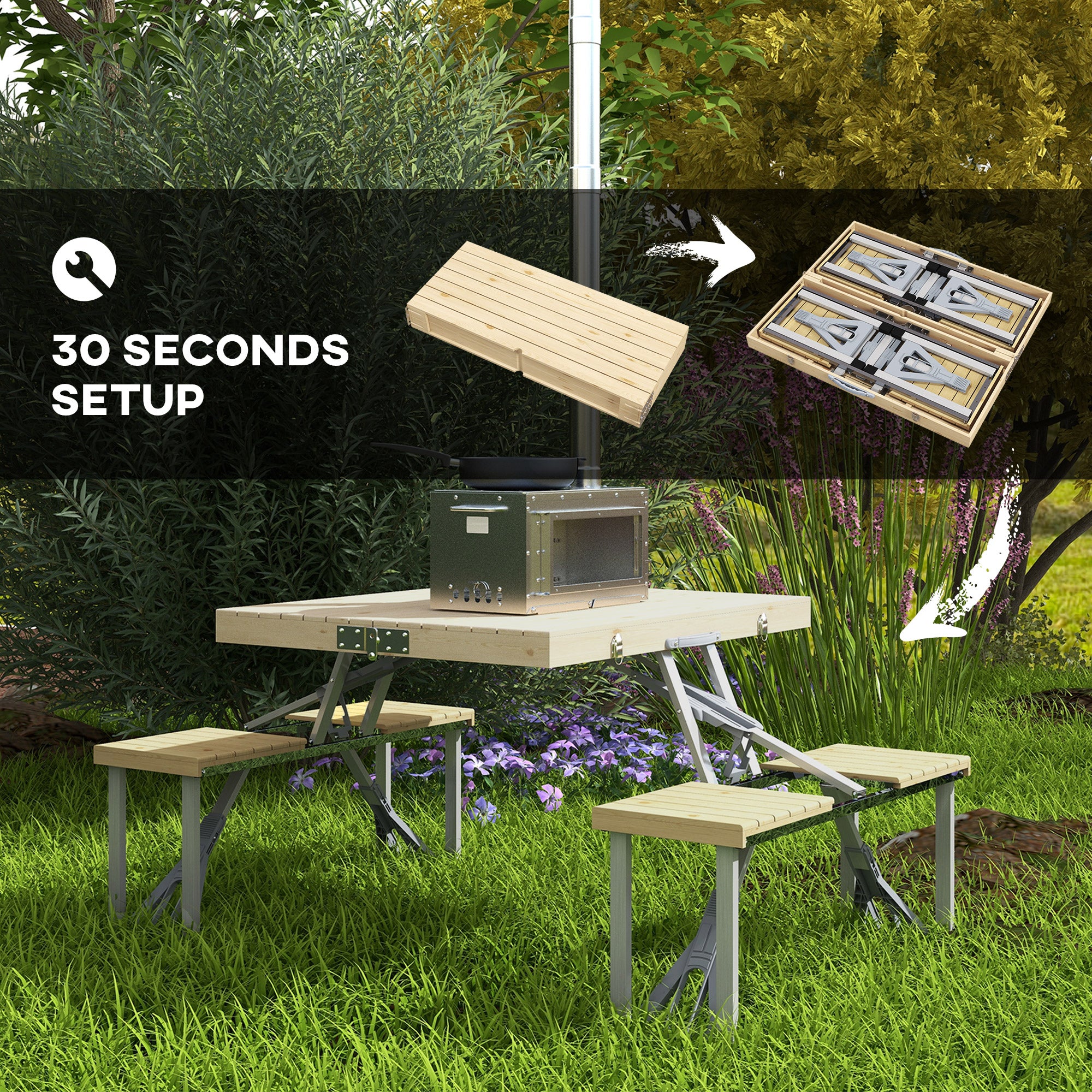 Outsunny Aluminium Frame Folding Picnic Table, Portable Camping Table and Chairs Set with Umbrella Hole 
